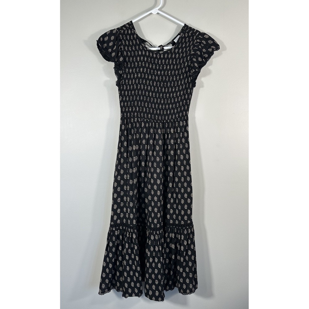 Patrons Of Peace Dress Womens XS Black Beige‎ Smocked Boho Cottage